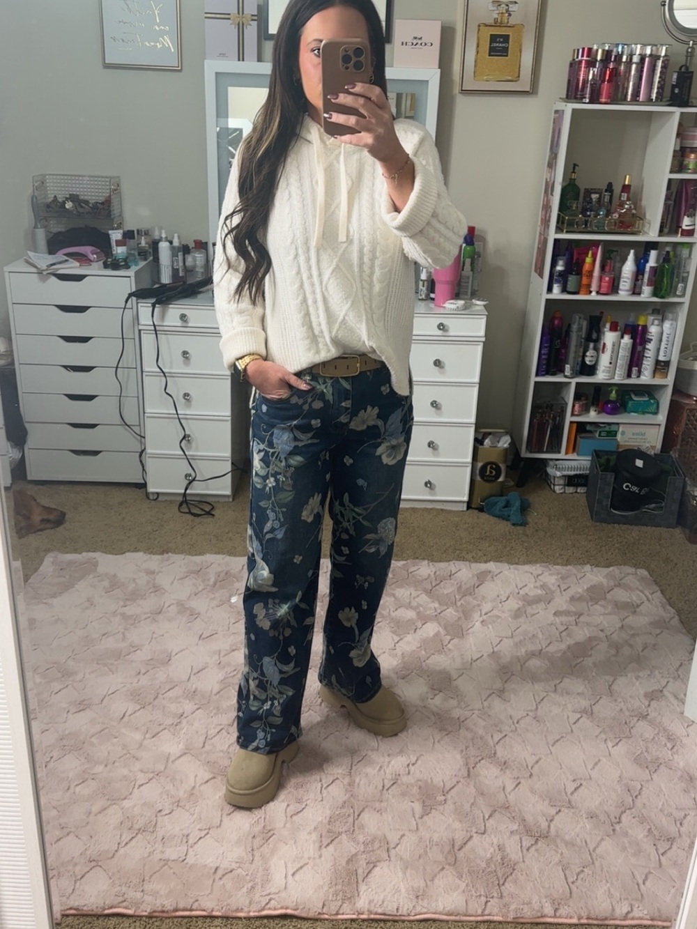 Floral Wide-Leg Jeans in Blue by